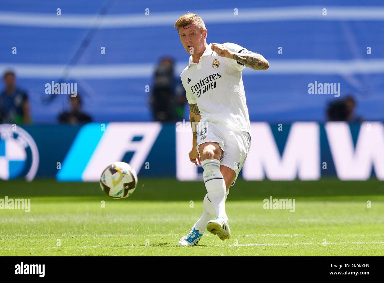 Toni Kroos of Real Madrid  during the La Liga match between Real Madrid and RCD Mallorca played at Santiago Bernabeu Stadium on September 11, 2022 in Madrid, Spain. (Photo by Ruben Albarran / PRESSIN) Stock Photo