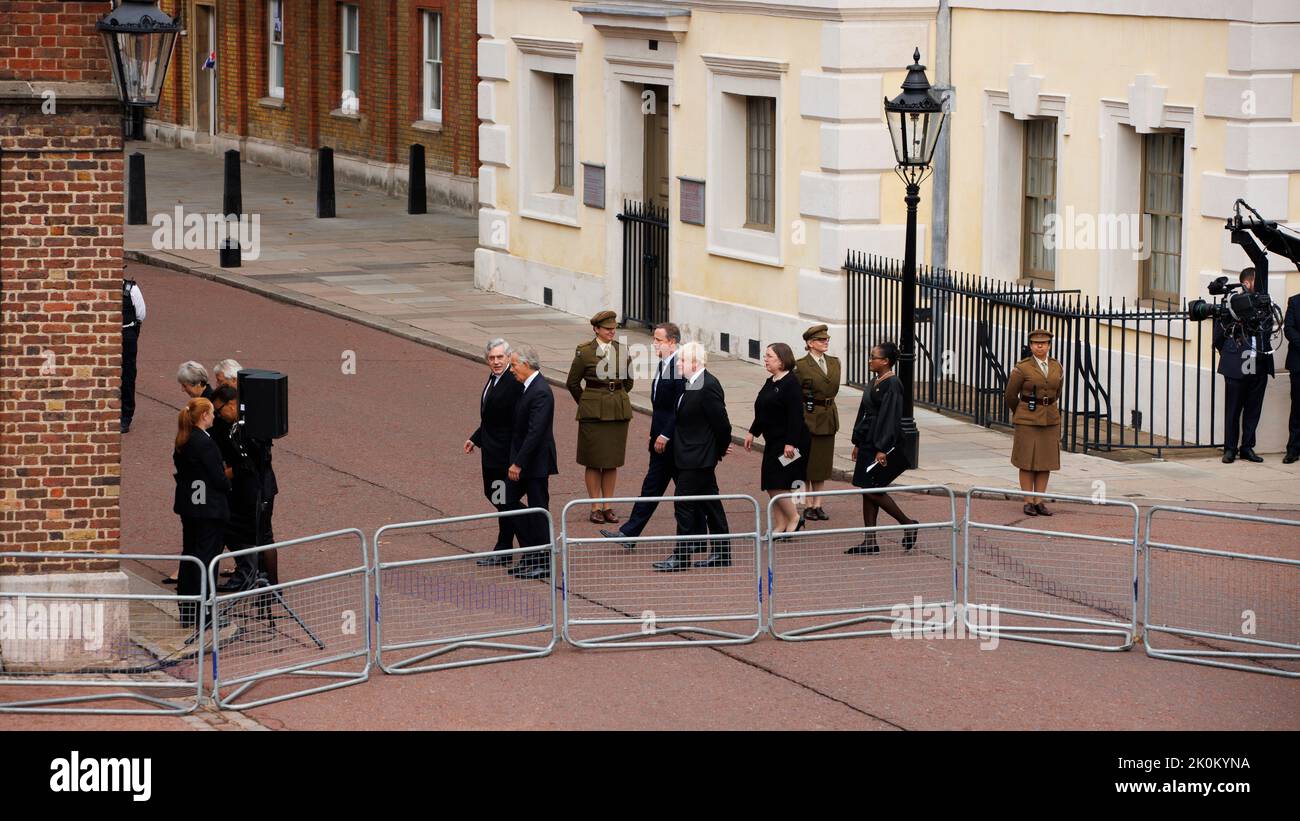 Former British Prime Ministers (L-R) Gordon Brown, Sir Tony Blair, David Cameron and Boris Johnson arrive for the Accession Council ceremony at St Jam Stock Photo