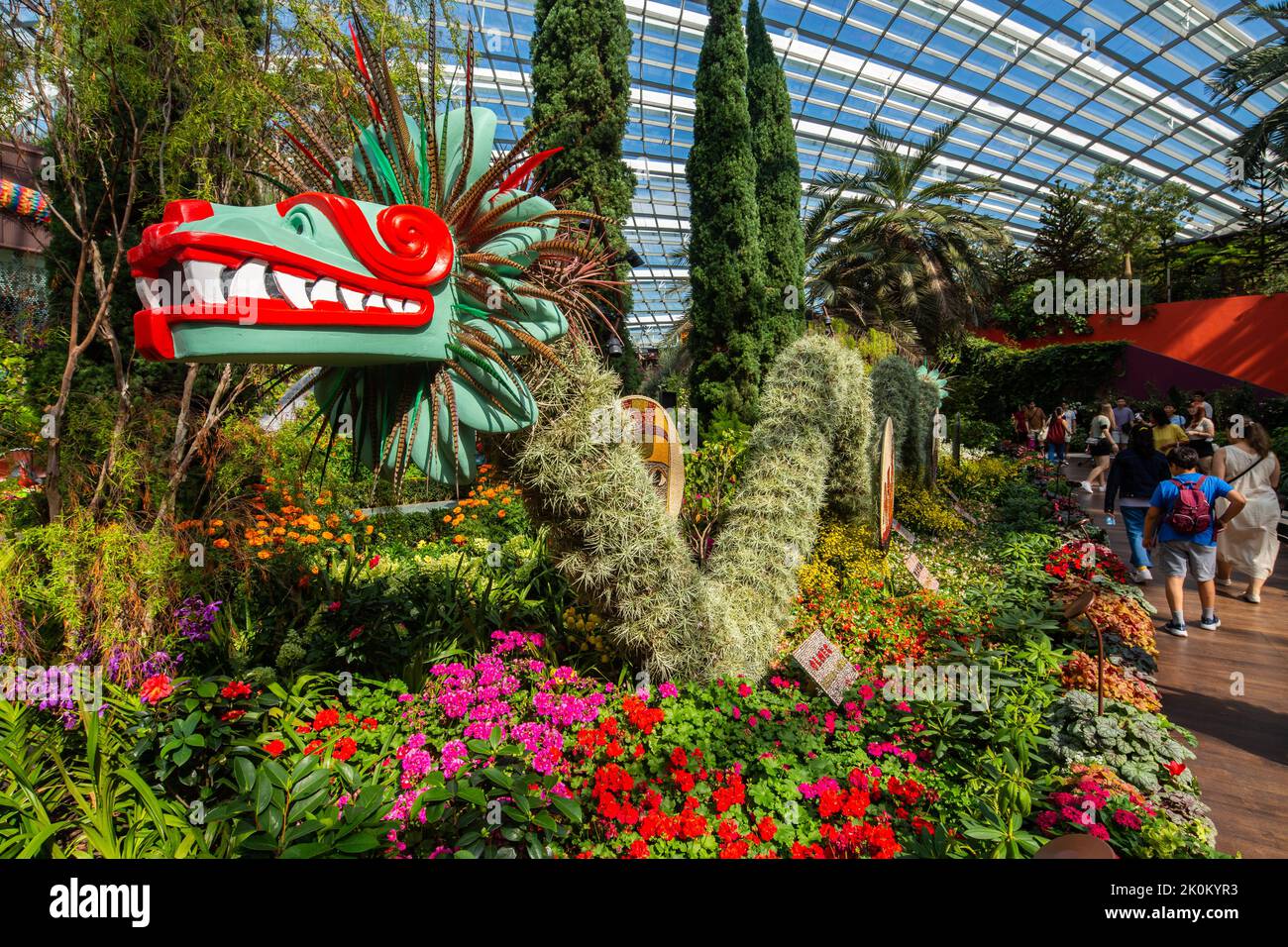 The Aztec double-headed serpent, Mexican showcases vibrant floral interpretations and icons of ancient Mexican civilisations. Gardens by the Bay. Stock Photo
