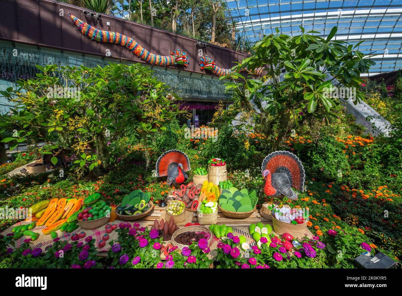 plants endemic to Mexico such as tomatoes, papaya, guava are displayed in the Mexico heritage and cultural Gardens by the Bay. Singapore. Stock Photo
