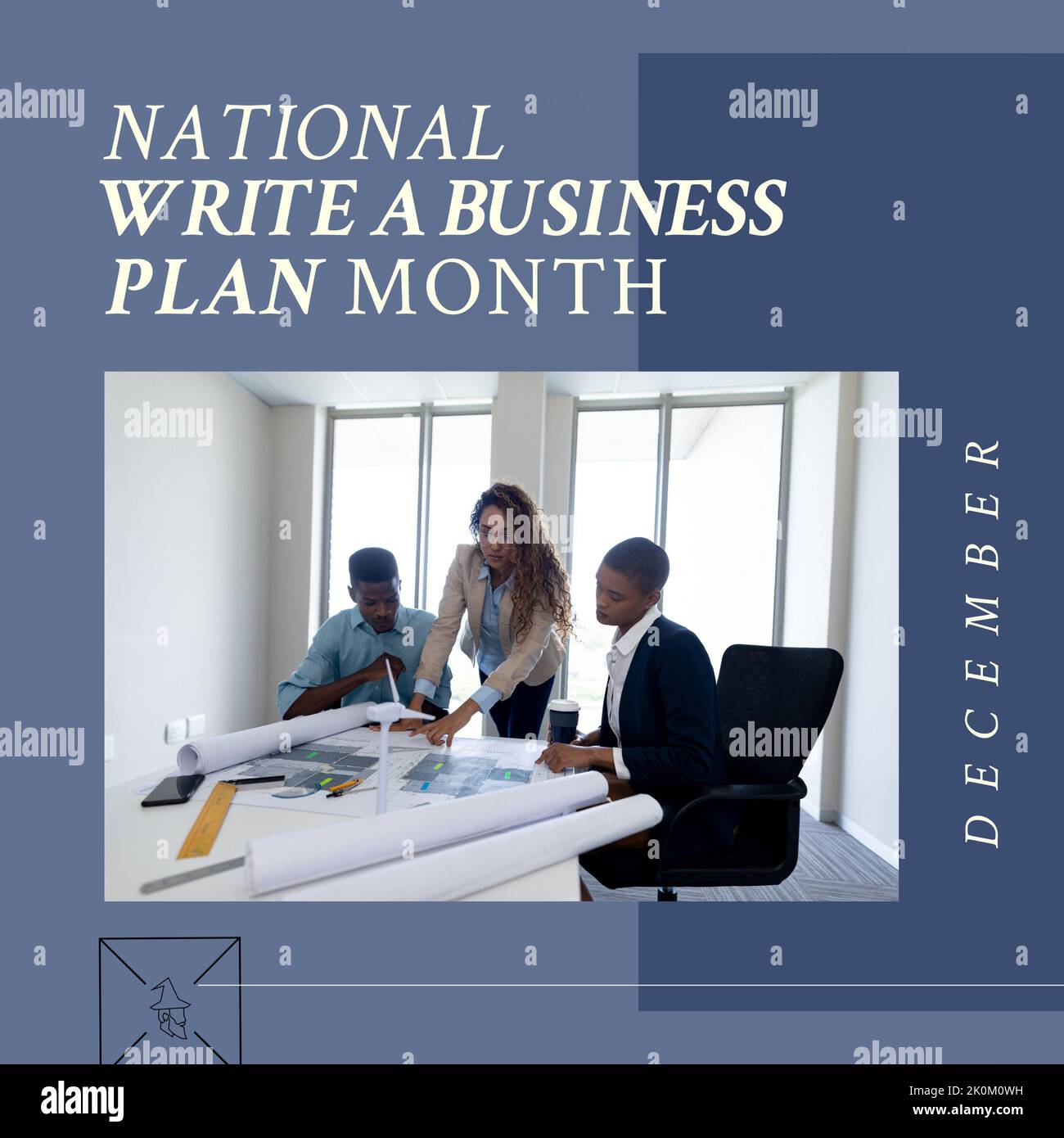 Composition of national write a business plan month text over diverse business people in office