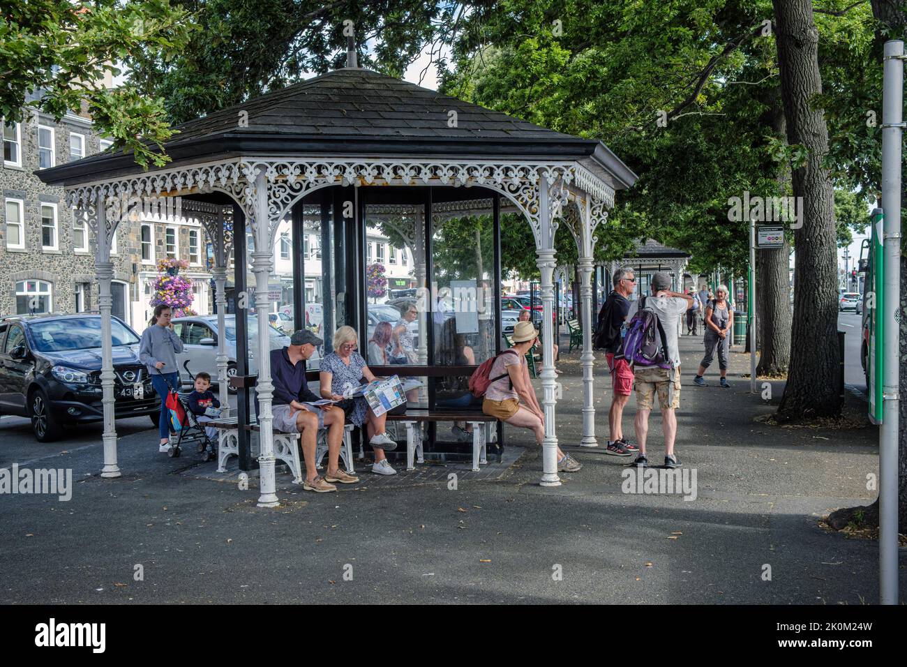 Victorian cast iron bus shelters at St Peter Port bus station, Guernsey, Channel Islands Stock Photo