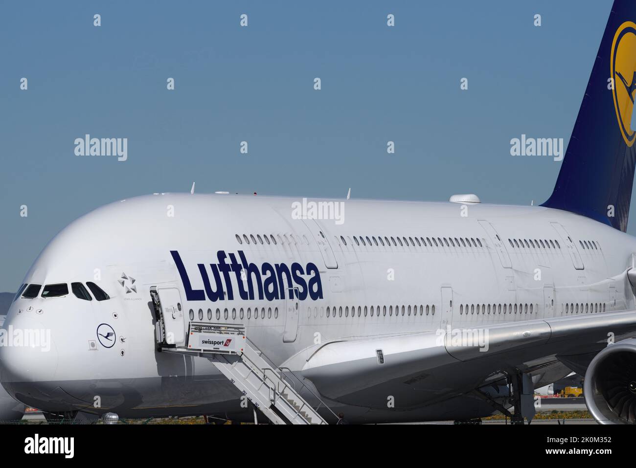 Los Angeles International Airport, California, USA - March 5, 2018: Lufthansa Airbus A380 jet shown parked at LAX. Stock Photo