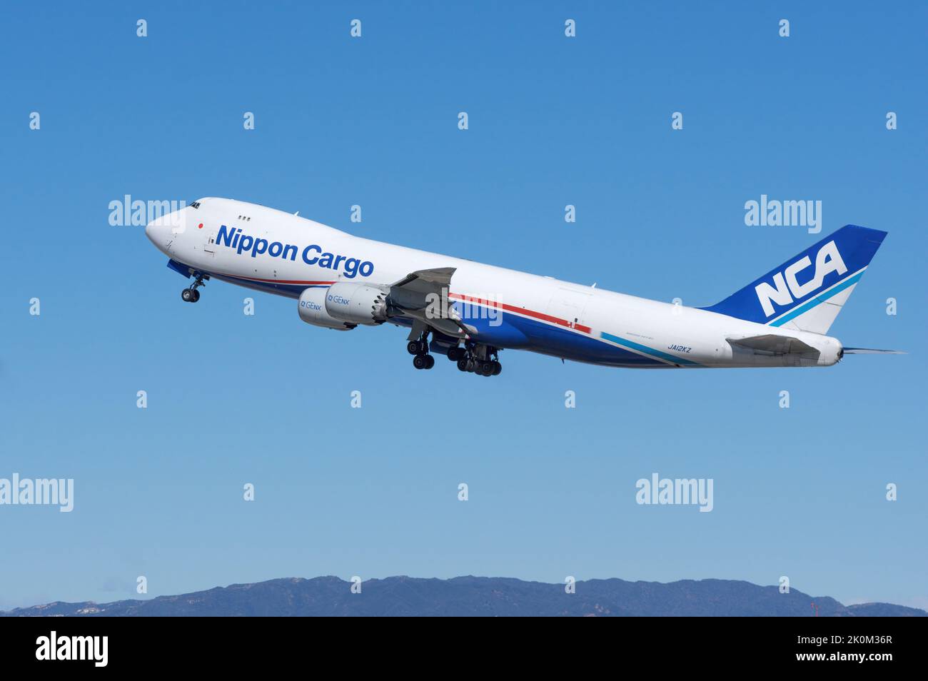 Los Angeles, California, United States: Nippon Cargo Airlines, NCA, Boeing 747-8KZ(F) with registration JA12KZ shown leaving from Los Angeles International Airport. Stock Photo