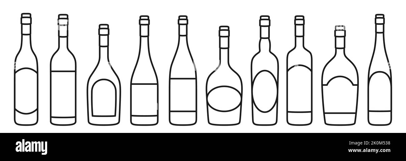 Wine bottle different shapes linear doodle set. Various types alcohol