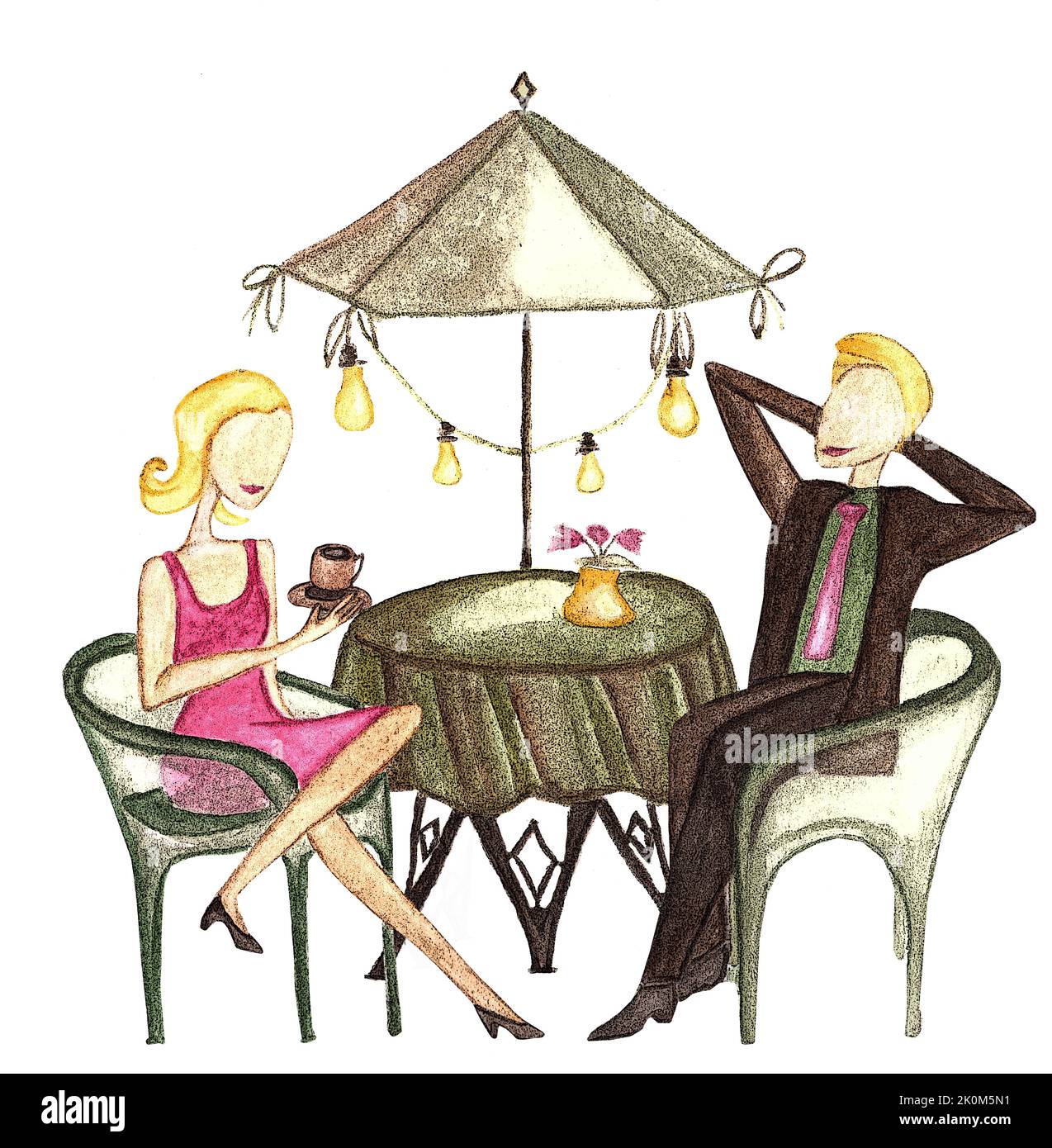 A couple sitting In street cafe at lunch break.Hand drawn young man and girl without a face sitting in street cafe.Watercolor illustration filtered Stock Photo
