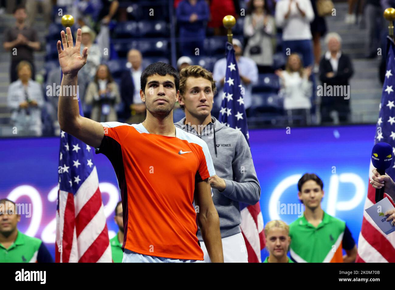 NEW YORK, NY - September 11: Carlos Alcaraz of Spain at the start of the trophy presentation after defeating Casper Rudd of Norway in the US Open men's final at USTA Billie Jean King National Tennis Center on September 11, 2022 in New York City. ( Credit: Adam Stoltman/Alamy Live News Stock Photo