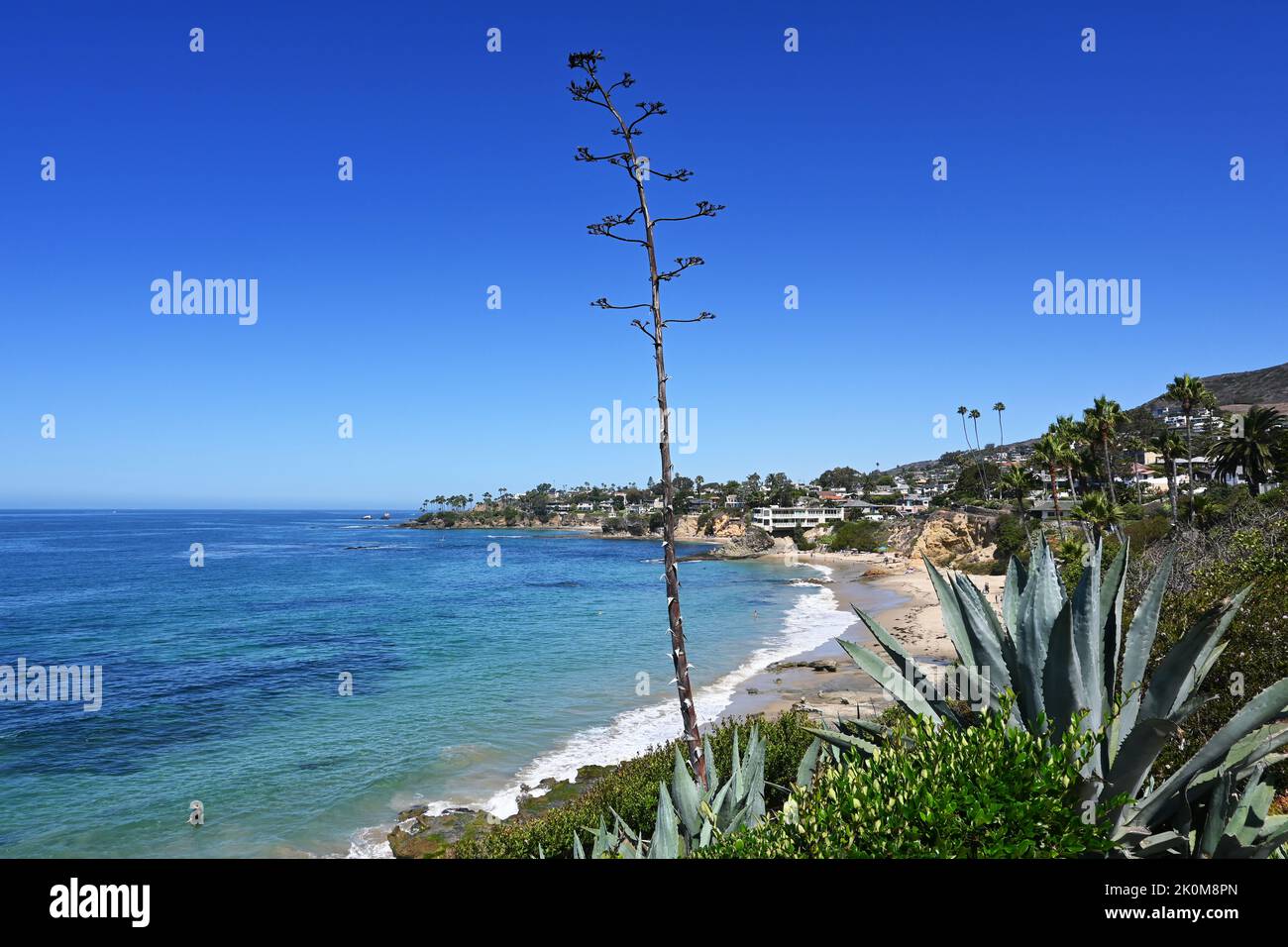 View from Heisler Park over Fishermans Cove towards Twin Points. Stock Photo