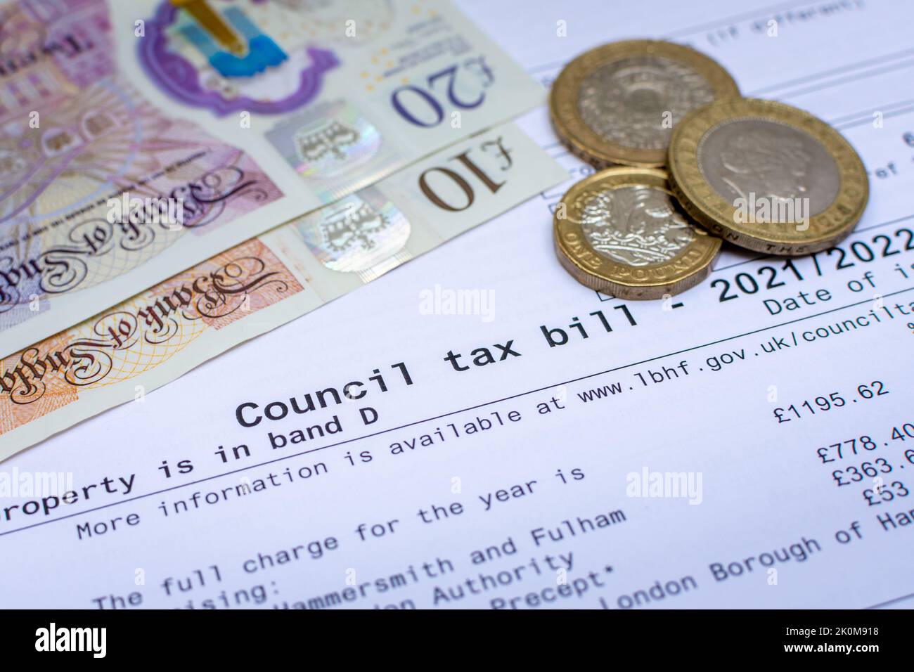A council tax bill with UK currency. Concept for the cost of living crisis and rising prices in the UK. Stock Photo