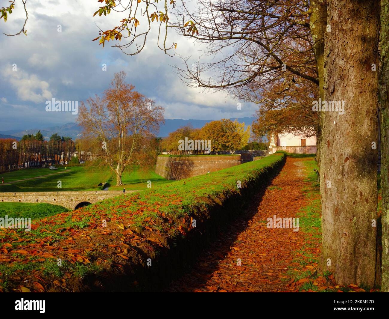 Autumn and foliage in Lucca. Anciet city walls park with autumnal leaves Stock Photo