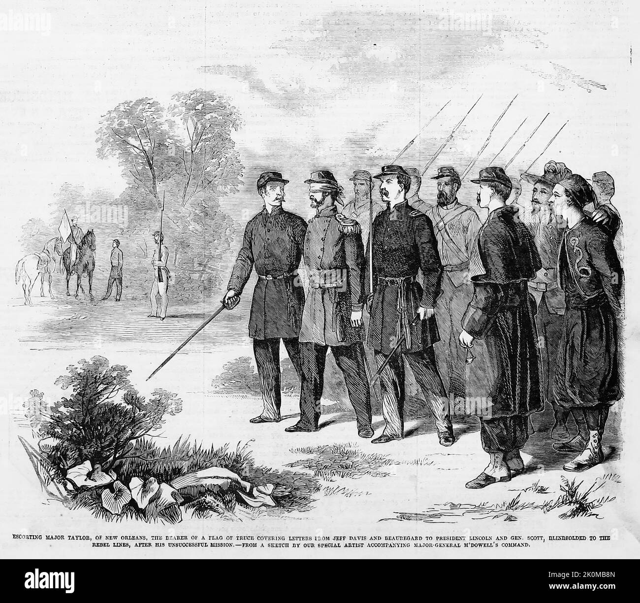 Escorting Major Taylor, of New Orleans, the bearer of a flag of truce covering letters from Jefferson Davis and P. G. T. Beauregard to President Abraham Lincoln and General Winfield Scott, blindfolded to the Rebel lines, after his unsuccessful mission, July 1861. 19th century American Civil War illustration from Frank Leslie's Illustrated Newspaper Stock Photo