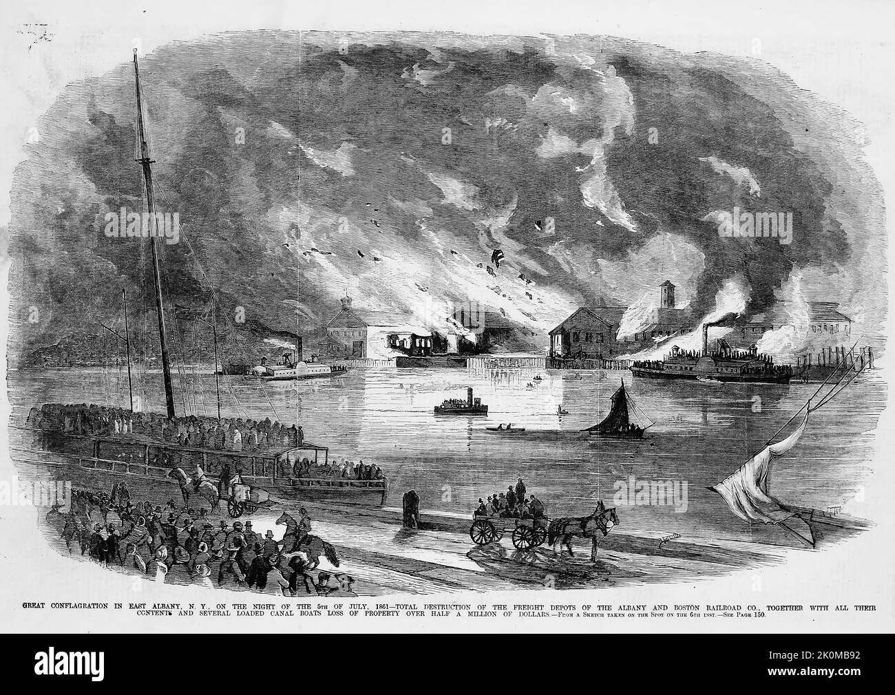 Great conflagration in East Albany, New York, on the night of July 5th, 1861 - Total destruction of the freight depots of the Albany and Boston Railroad Company, together with all their contents and several loaded canal boats - Loss of property over half a million dollars. 19th century illustration from Frank Leslie's Illustrated Newspaper Stock Photo