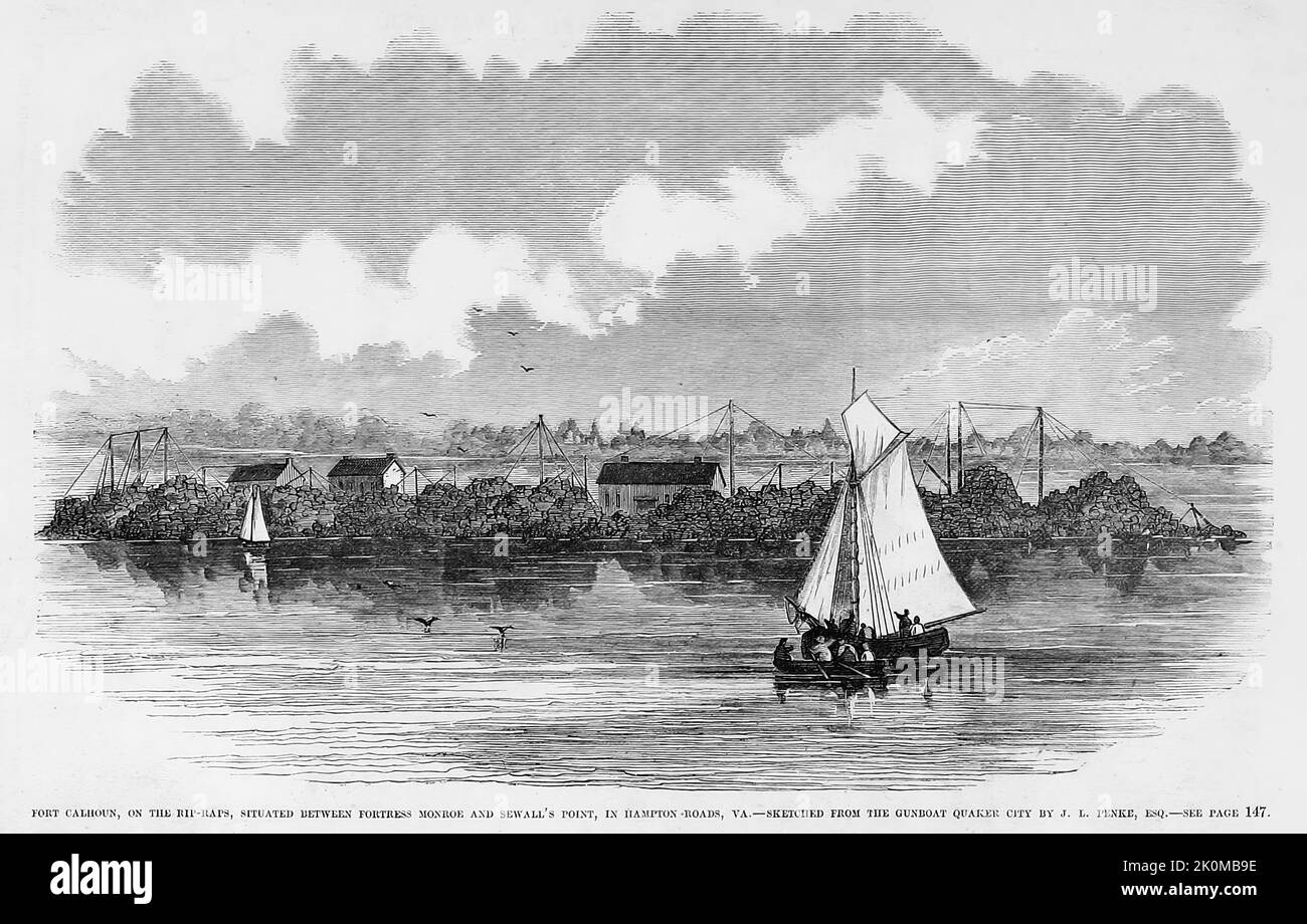 Fort Calhoun (Fort Wool), on the Rip-Raps, situated between Fort Monroe and Sewall's Point, in Hampton Roads, Virginia, July 1861. 19th century American Civil War illustration from Frank Leslie's Illustrated Newspaper Stock Photo