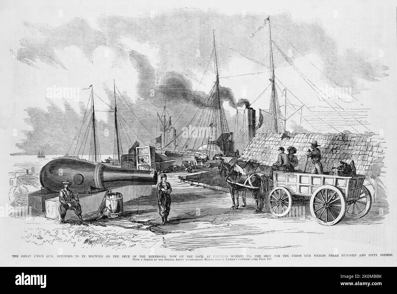 The great Union gun, intended to be mounted on the deck of the Minnesota, now on the dock at Fort Monroe, Virginia - The shot for the Union gun weighs three hundred and fifty pounds. August 1861. 19th century American Civil War illustration from Frank Leslie's Illustrated Newspaper Stock Photo