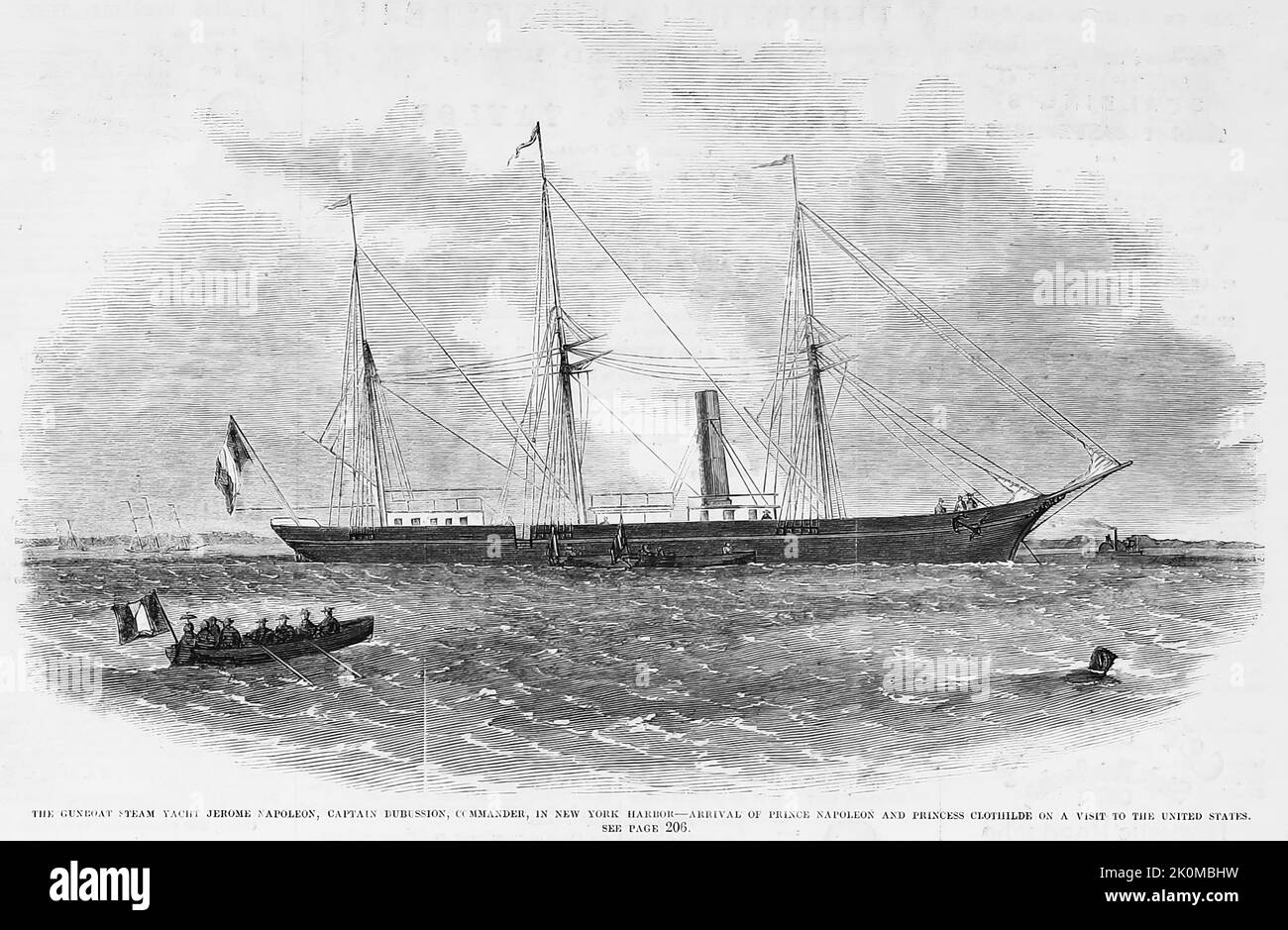 The gunboat steam yacht Jerome Napoleon, Captain Dubussion, commander, in New York Harbor - Arrival of Prince Napoléon Joseph Charles Paul Bonaparte and Princess Maria Clotilde of Savoy on a visit to the United States. August 1861. 19th century illustration from Frank Leslie's Illustrated Newspaper Stock Photo
