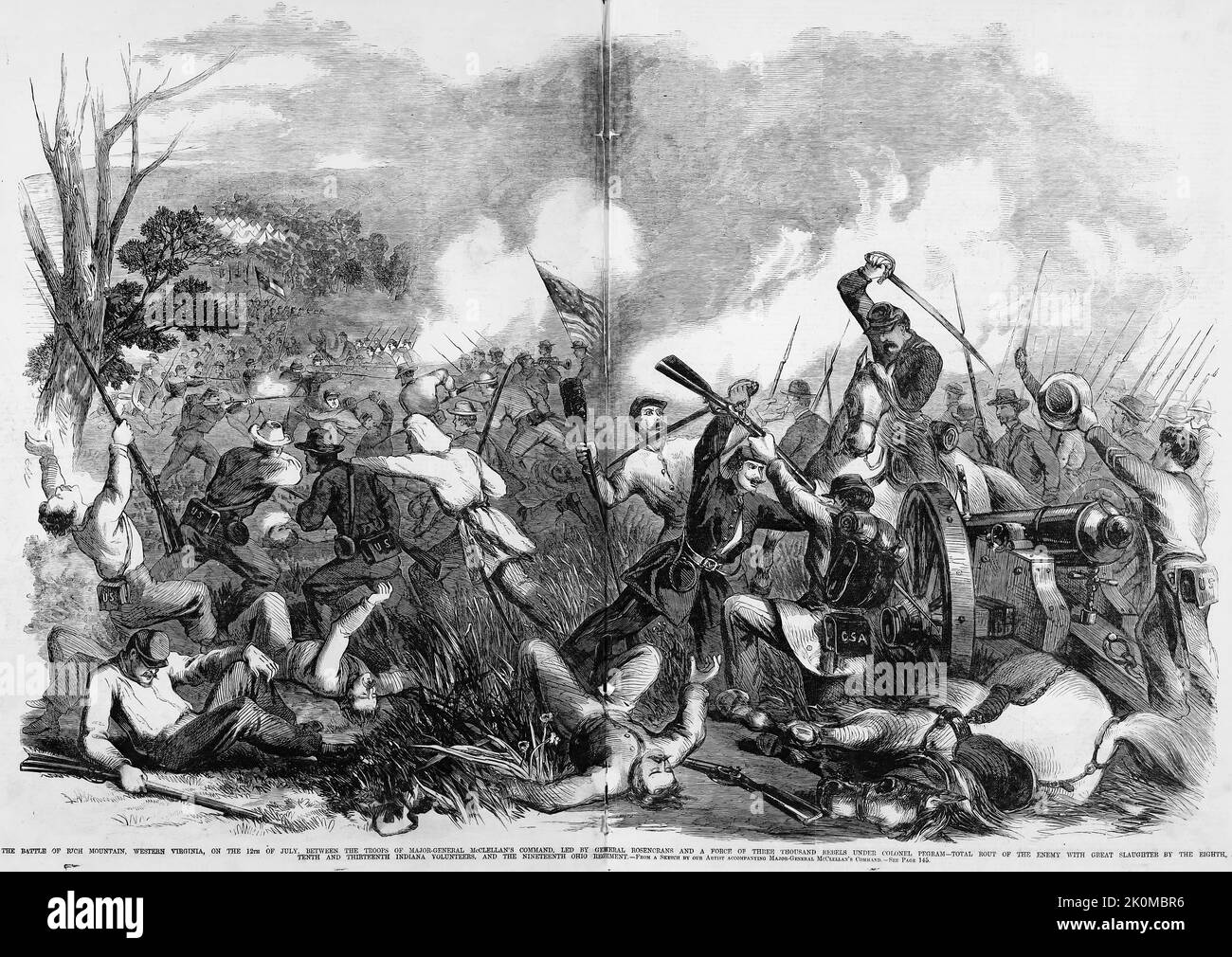 The Battle of Rich Mountain, West Virginia, on July 12th, 1861, between the troops of Major General George Brinton McClellan's command, led by General William Rosecrans and a force of three thousand Rebels under Colonel John Pegram - Total rout of the enemy with great slaughter by the Eighth, Tenth, and Thirteenth Indiana Volunteers, and the Nineteenth Ohio Regiment. 19th century American Civil War illustration from Frank Leslie's Illustrated Newspaper Stock Photo