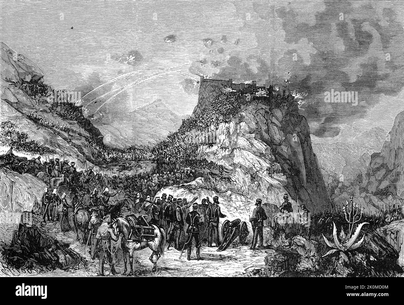 Eroberung der Festung Magdala durch englische Truppen. Die Schlacht um Magdala fand am 13. April 1868 statt und war der Schlusspunkt der britischen Äthiopienexpedition von 1867/68  /  Capture of the fortress of Magdala by British troops. The Battle of Magdala took place on April 13, 1868 and was the final point of the British Ethiopian expedition of 1867/68, Historisch, digital restaurierte Reproduktion einer Originalvorlage aus dem 19. Jahrhundert, genaues Originaldatum nicht bekannt  /  historical, digital improved reproduction of an original from the 19th century Stock Photo