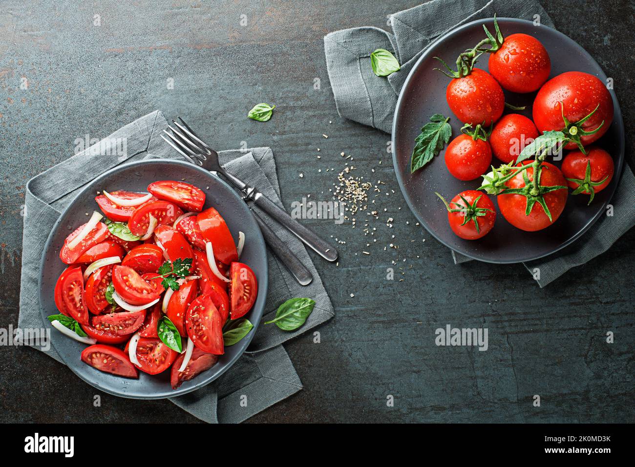 Fresh tomato salad with onion and herbs on a grey table background. Concept for a tasty and healthy meal Stock Photo