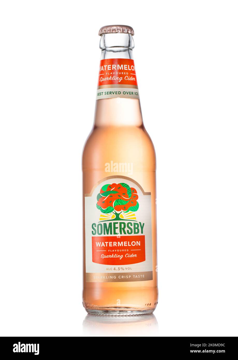 LONDON, UK - JULY 01, 2022: Somersby sparkling cider with watermelon on white. Stock Photo