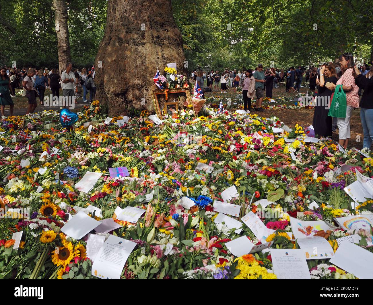 London, UK. 12th Sep, 2022. Death of Queen Elizabeth II. Crowds of people flock to London to pay their respects to the late Queen Elizabeth. Many laying flowers at Buckingham Palace and Green Park. Credit: Julia Gavin/Alamy Live News Stock Photo