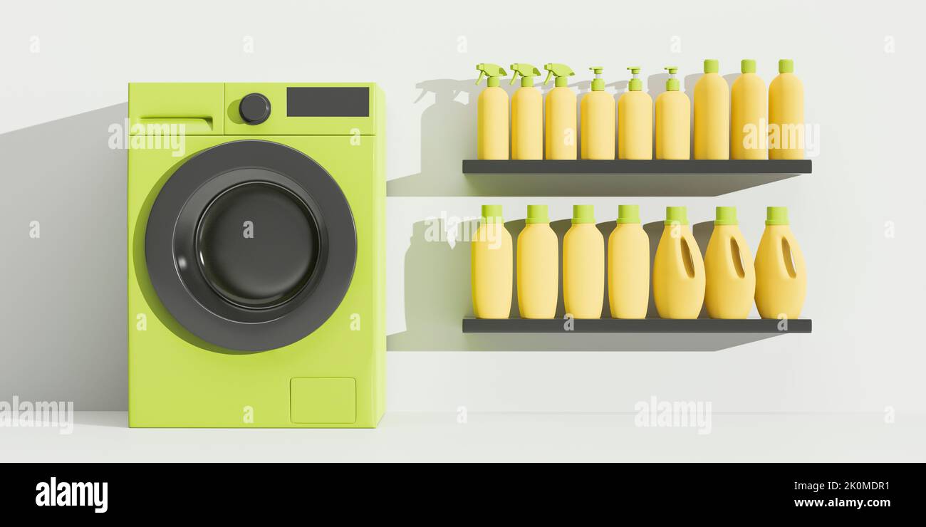 Environmentally safe sustainable laundry concept. Green washing machine, shelf of washing