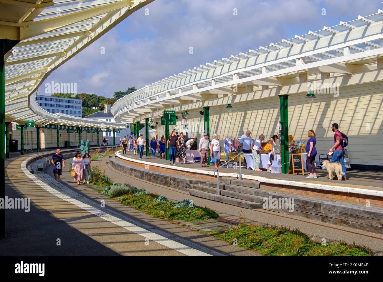 Folkestone, the old railway station platforms, on the harbour arm, now a Sunday market, Kent, UK Stock Photo