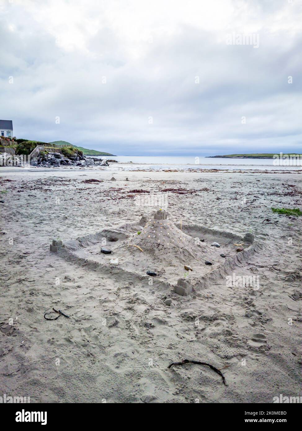 Sand castle at Narin Strand, a beautiful large blue flag beach in Portnoo, County Donegal - Ireland. Stock Photo
