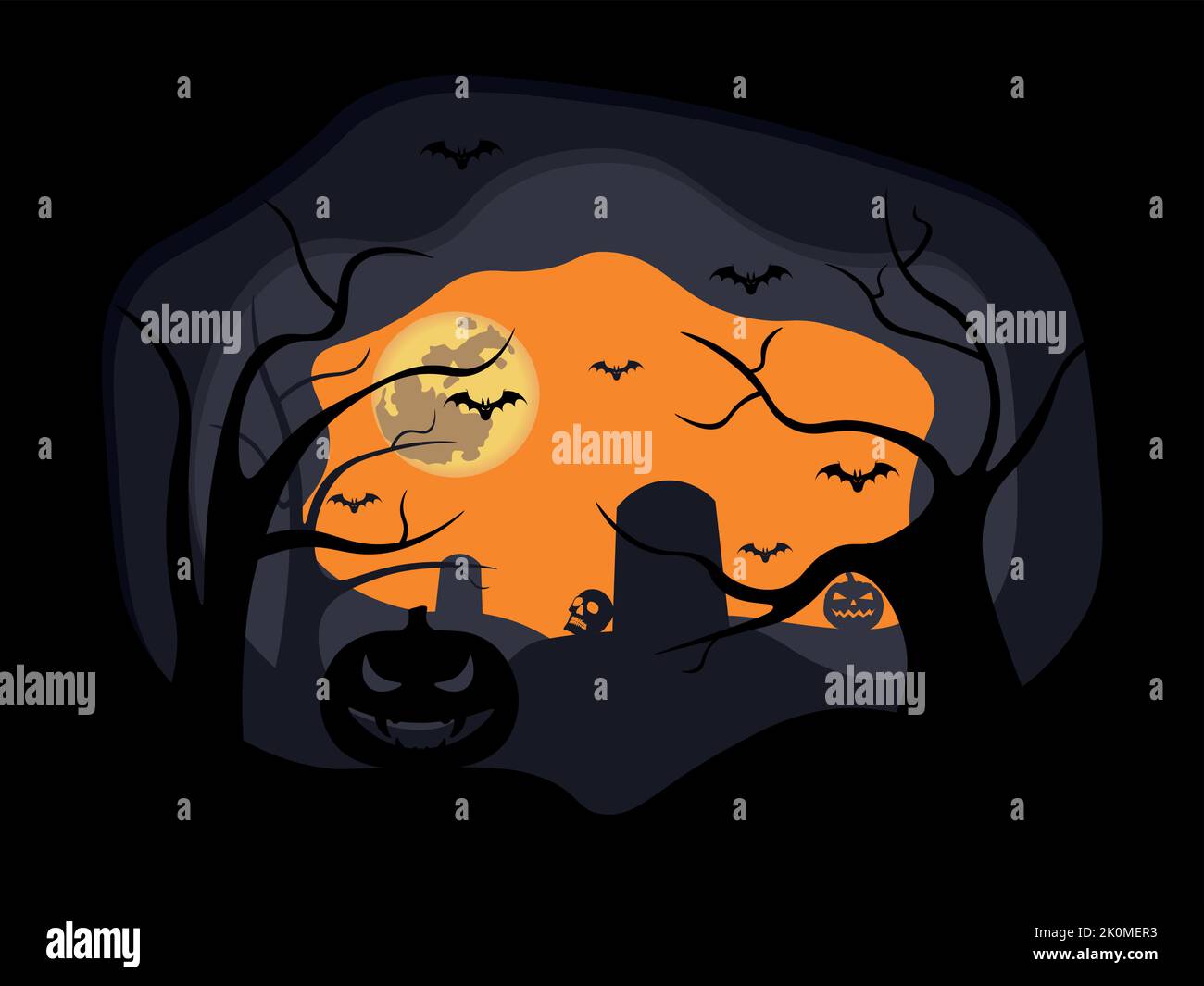 Dense scary forest at halloween night with tombstones, pumpkins and full moon deep effect vector illustration Stock Vector