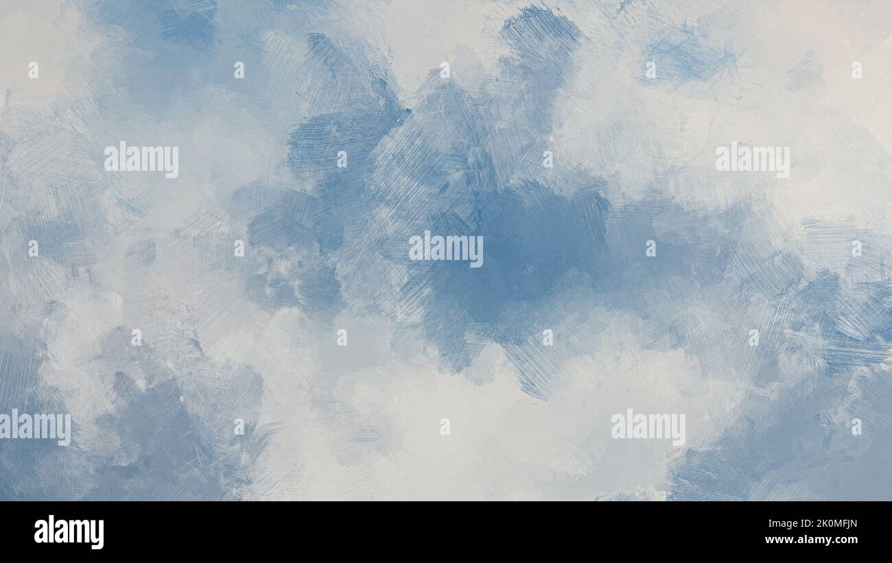 Abstract light blue and grayish oil painting background with brush strokes imitating clouds in the sky. Full frame digital oil painting on canvas. Stock Photo
