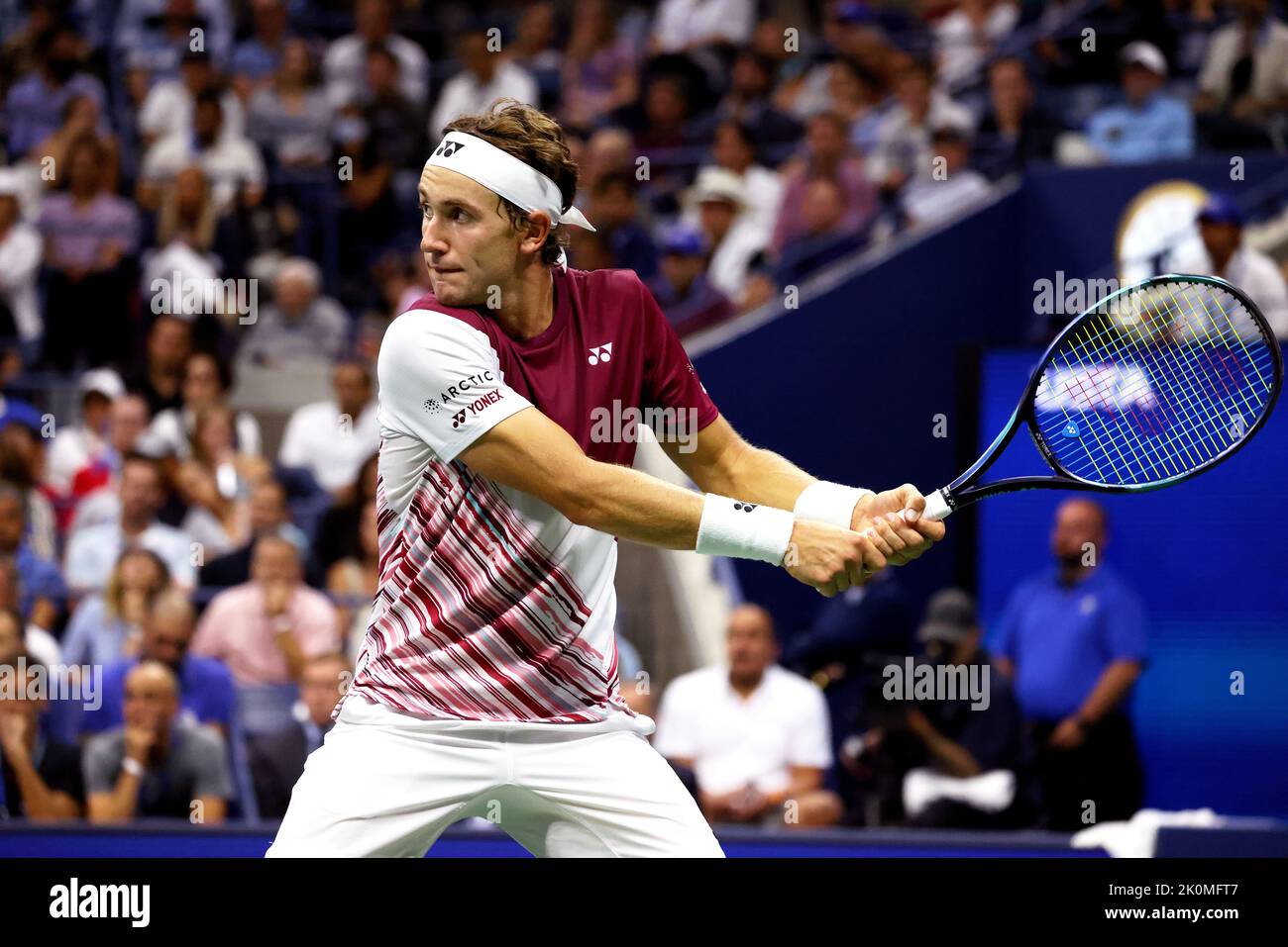 NEW YORK, NY - September 11: Casper Rudd of Norway in action against Carlos Alcaraz of Spain in the US Open men's final at USTA Billie Jean King National Tennis Center on September 11, 2022 in New York City. ( Credit: Adam Stoltman/Alamy Live News Stock Photo