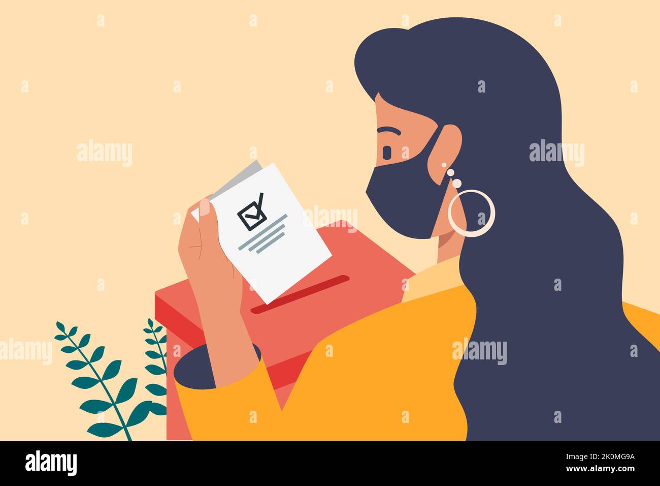 Young Woman with Face Mask Putting Vote Paper into Election Box for General Regional or Presidential Election During Pandemic Stock Vector