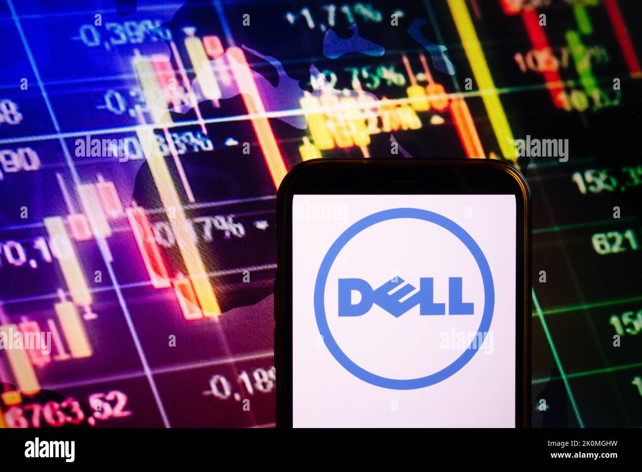 KONSKIE, POLAND - September 10, 2022: Smartphone displaying logo of Dell company on stock exchange diagram background Stock Photo