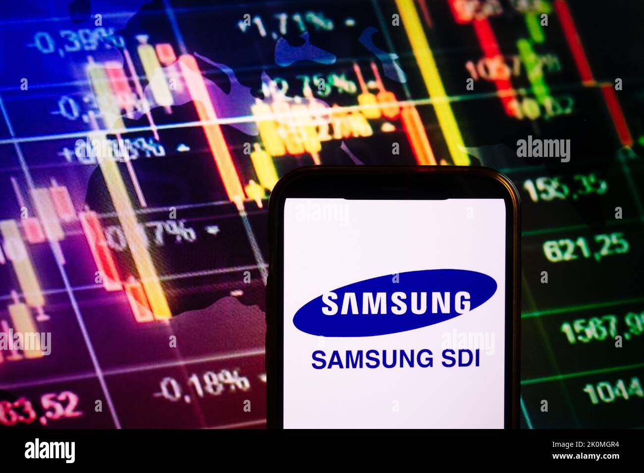 KONSKIE, POLAND - September 10, 2022: Smartphone displaying logo of Samsung SDI company on stock exchange diagram background Stock Photo