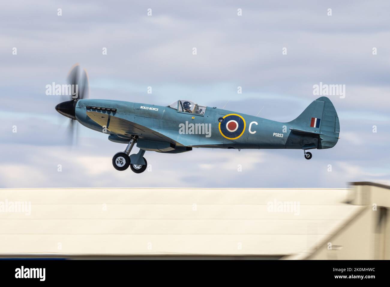 Supermarine Spitfire Mk XIX PS853 owned by Rolls Royce, airborne at the Royal International Air Tattoo 2022 Stock Photo
