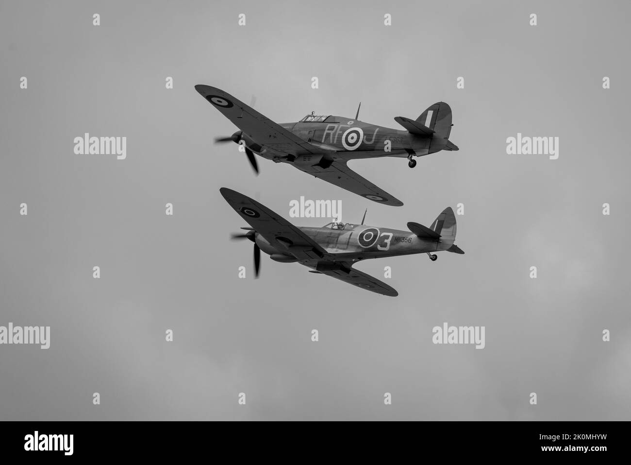 RAF Battle of Britain Memorial Flight Hawker Hurricane ‘LF363’ & Supermarine Spitfire ‘MK356’ airborne at the Royal International Air Tattoo 2022 Stock Photo