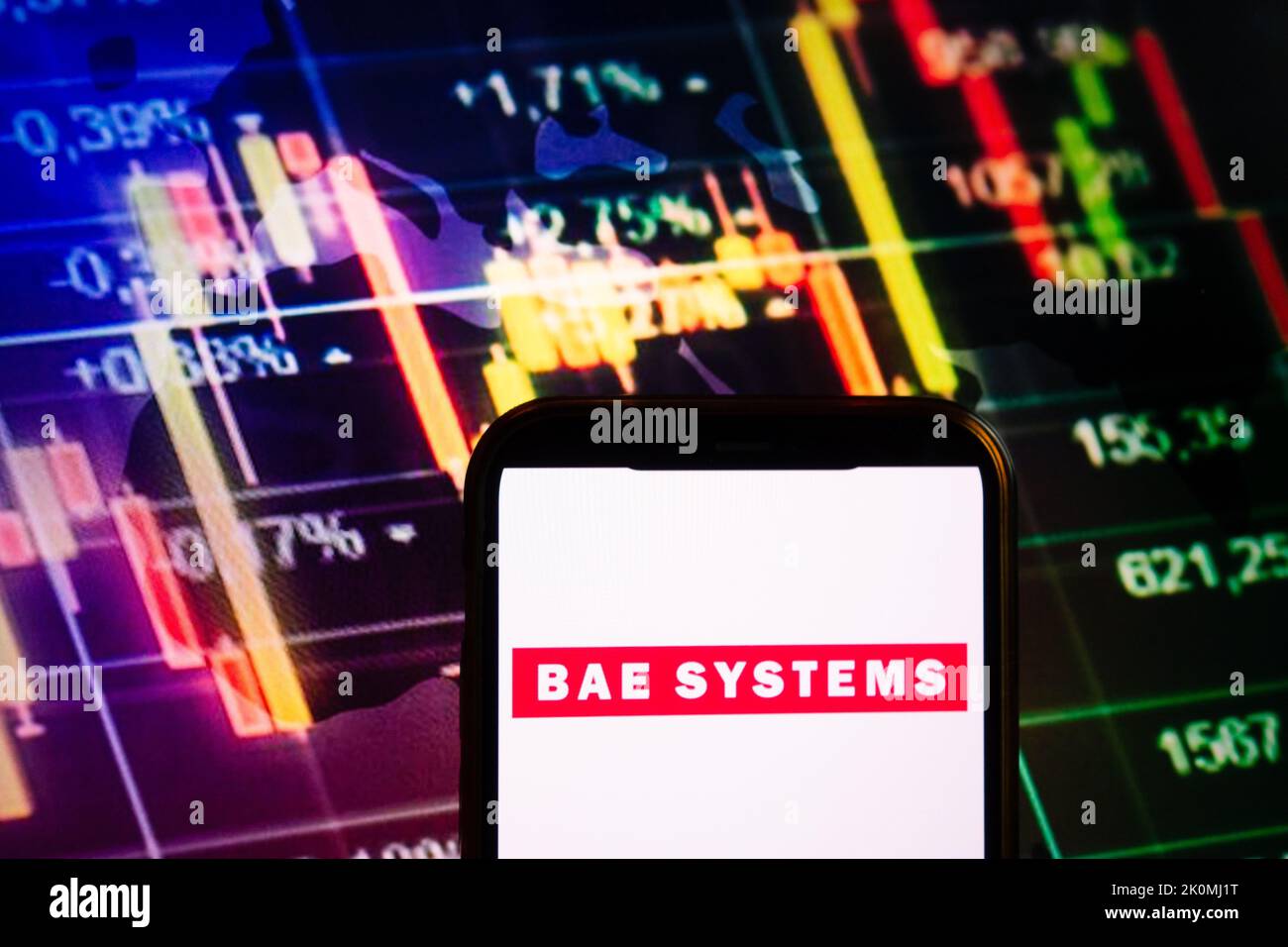KONSKIE, POLAND - September 10, 2022: Smartphone displaying logo of BAE Systems company on stock exchange diagram background Stock Photo