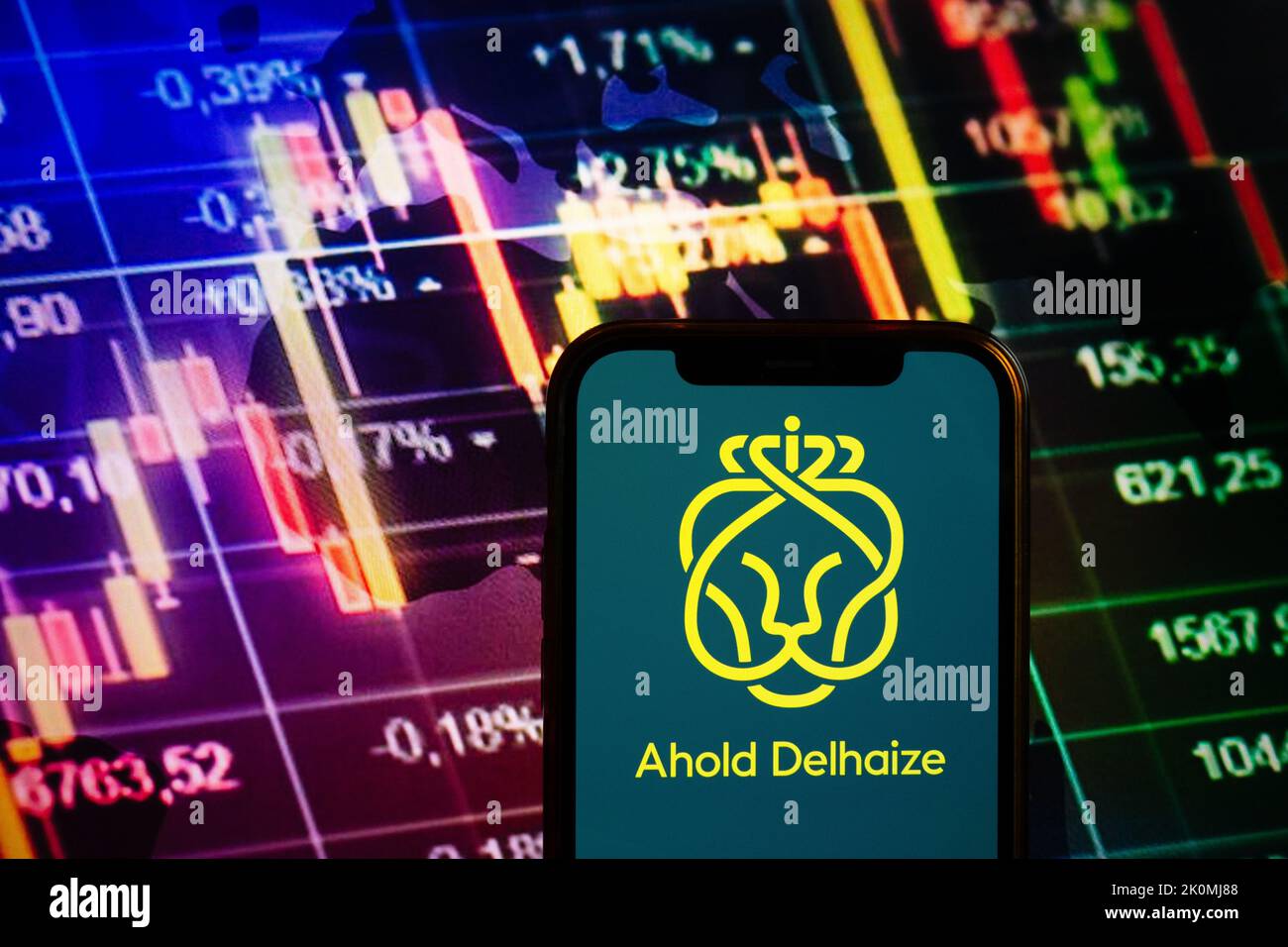 KONSKIE, POLAND - September 10, 2022: Smartphone displaying logo of Ahold Delhaize company on stock exchange diagram background Stock Photo
