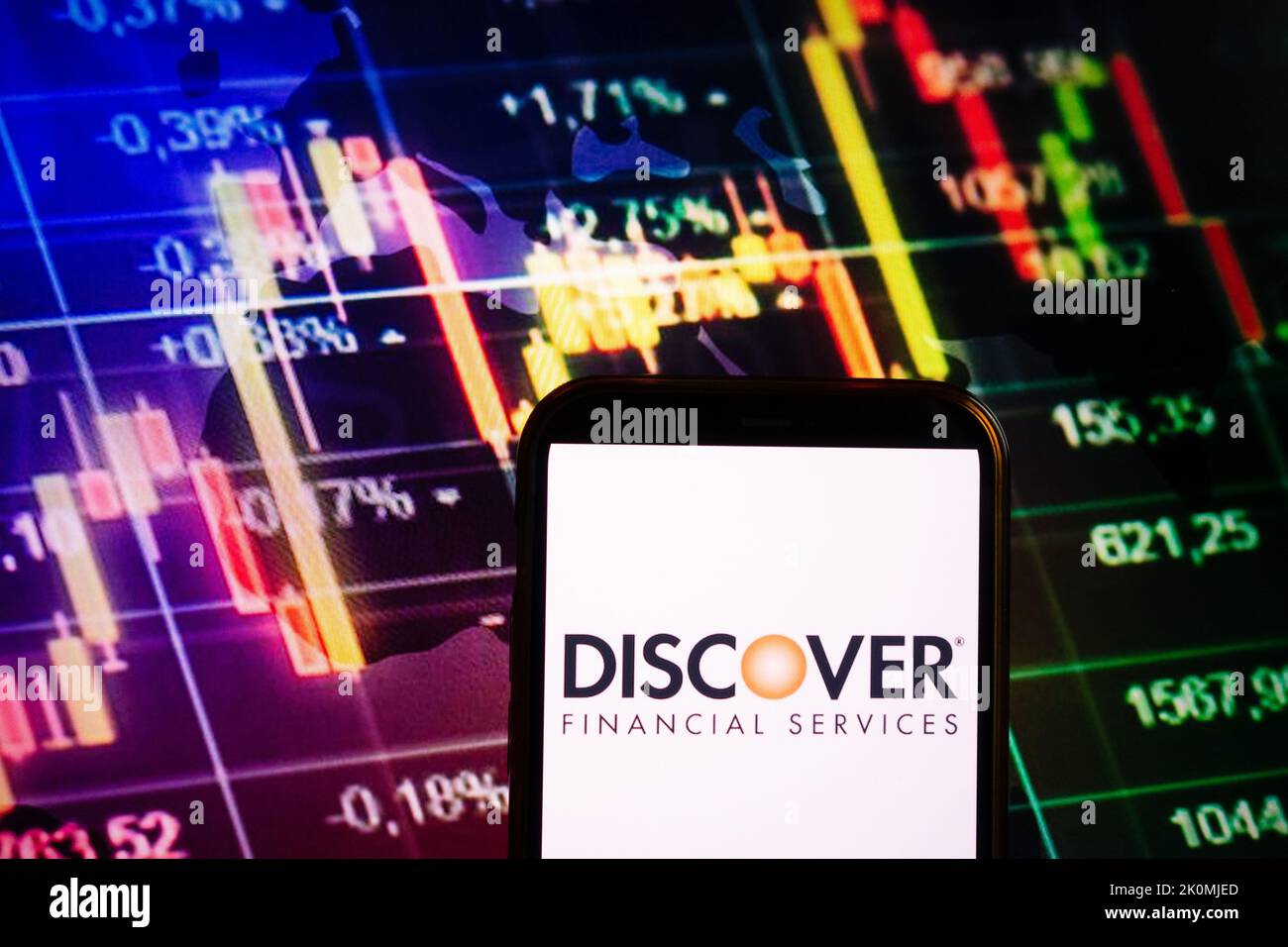 KONSKIE, POLAND - September 10, 2022: Smartphone displaying logo of Discover Financial Services company on stock exchange diagram background Stock Photo