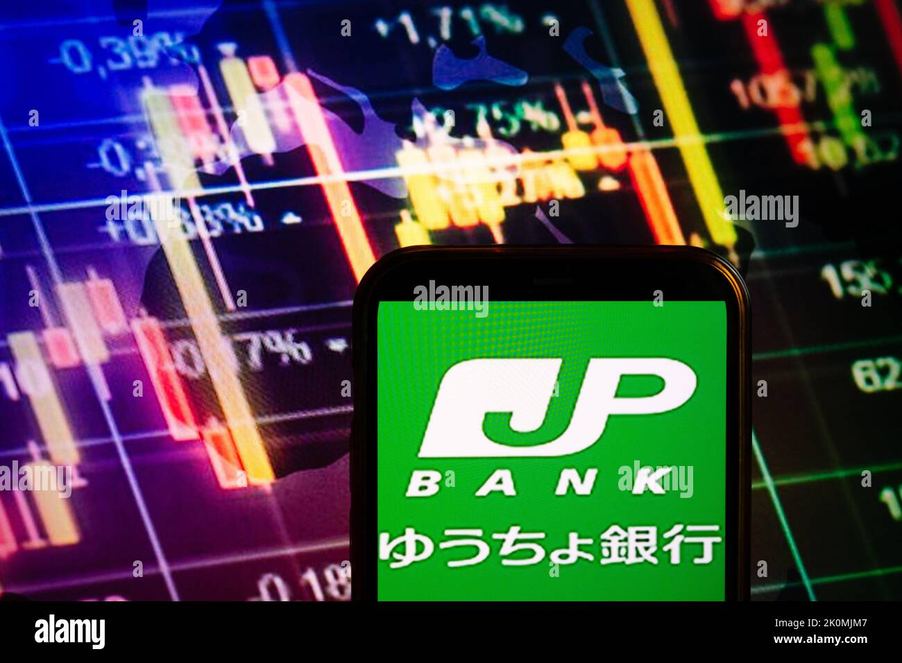 KONSKIE, POLAND - September 10, 2022: Smartphone displaying logo of Japan Post Bank company on stock exchange diagram background Stock Photo