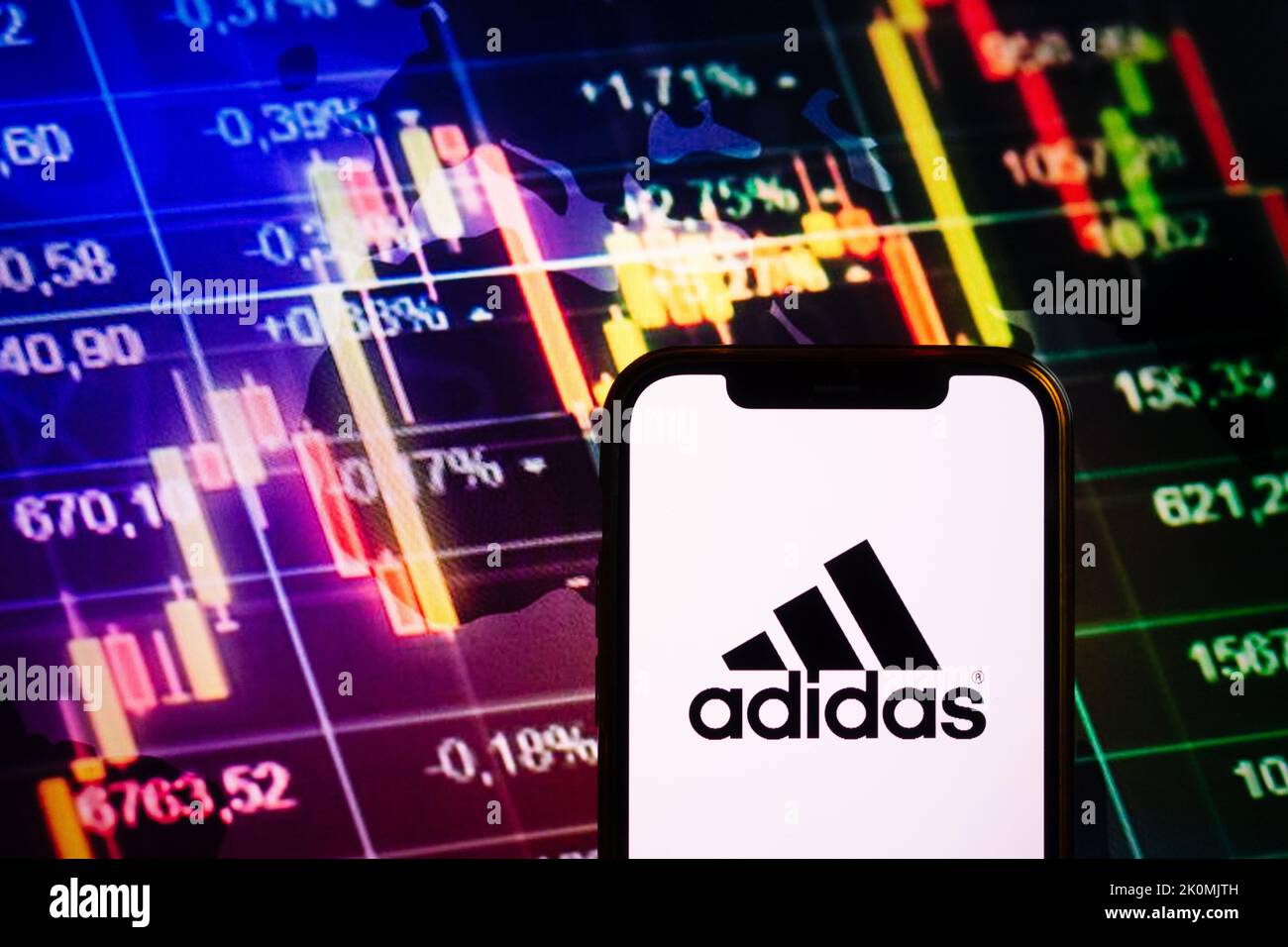 KONSKIE, POLAND - September 10, 2022: Smartphone displaying logo of Adidas company on stock exchange diagram background Stock Photo