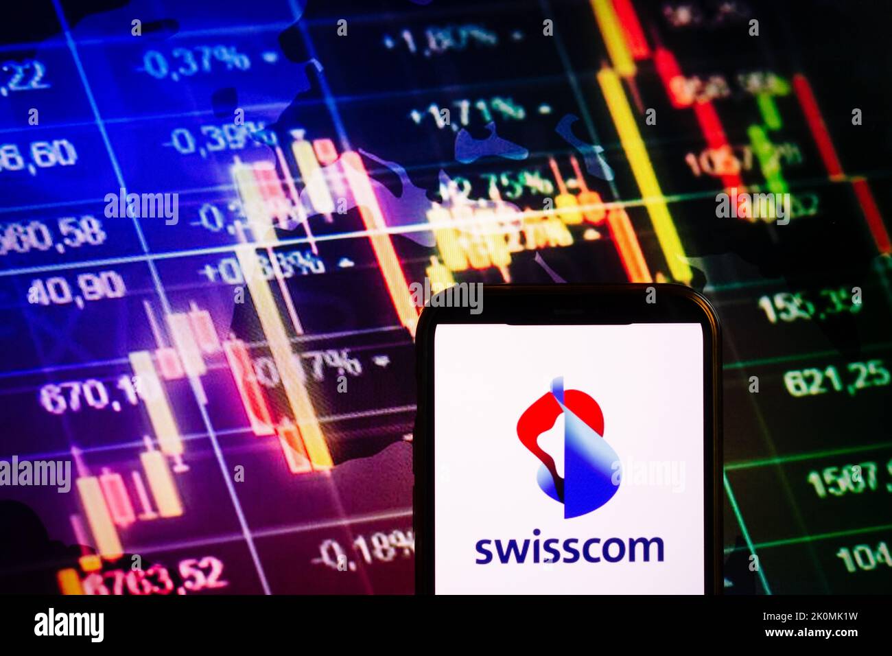KONSKIE, POLAND - September 10, 2022: Smartphone displaying logo of Swisscom company on stock exchange diagram background Stock Photo