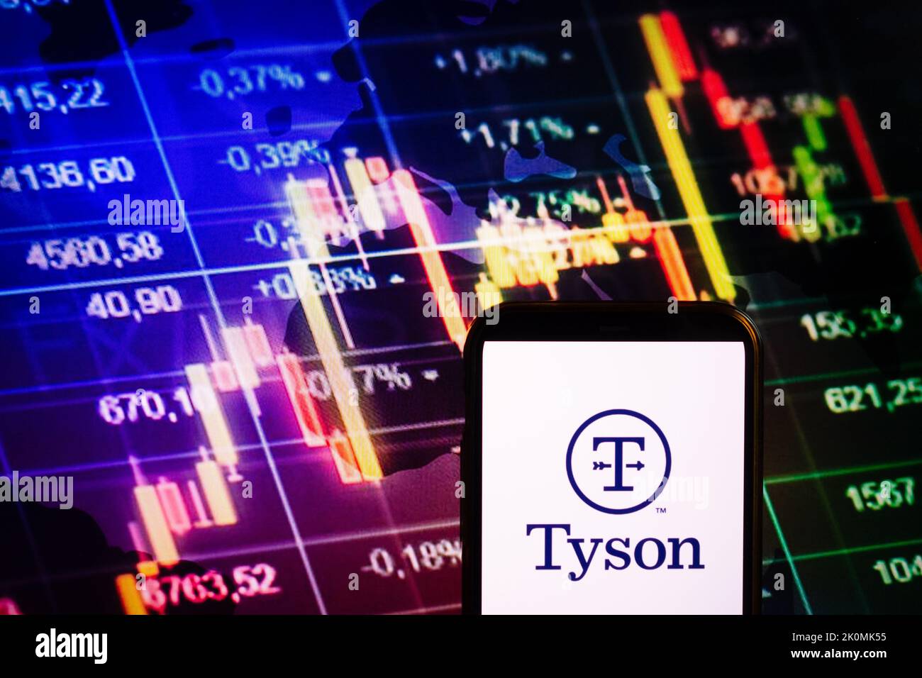 KONSKIE, POLAND - September 10, 2022: Smartphone displaying logo of Tyson Foods company on stock exchange diagram background Stock Photo