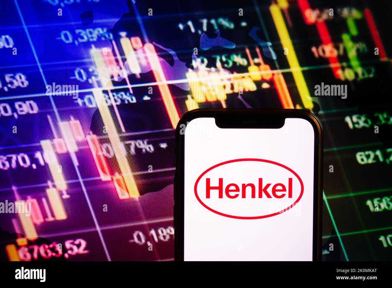 KONSKIE, POLAND - September 10, 2022: Smartphone displaying logo of Henkel company on stock exchange diagram background Stock Photo