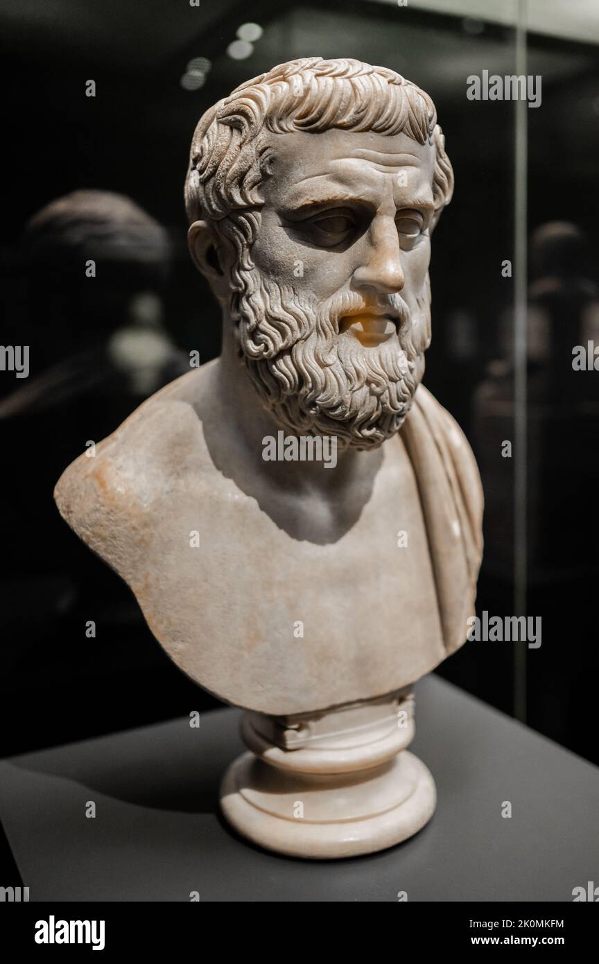 Portrait bust of a bearded man, Found at Genzano, Italy. Roman, after a Greek original, Marble.    'The Human Image' exhibition at Caixa Forum in coll Stock Photo