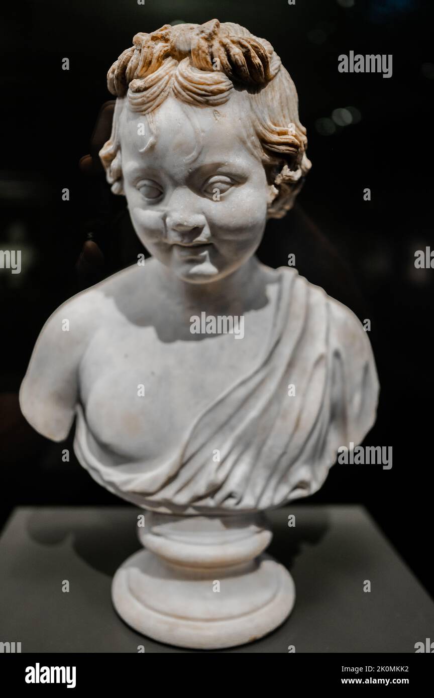 Bust of an infant. Roman Period, Marble.    'The Human Image' exhibition at Caixa Forum in collaboration with The British Museum, Zaragoza, Spain Stock Photo