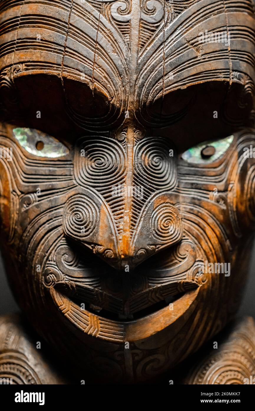 A tattooed ancestor: central post figure. Maori People, Aotearoa (New Zealand). AD 1840-1860, Wood, haliotis shell.    'The Human Image' exhibition at Stock Photo