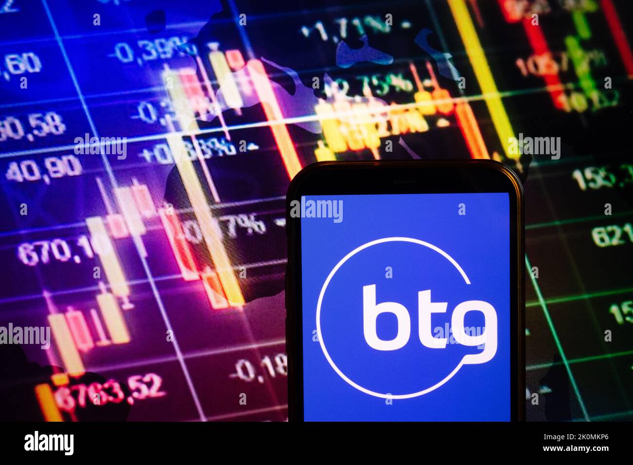 KONSKIE, POLAND - September 10, 2022: Smartphone displaying logo of BTG Pactual company on stock exchange diagram background Stock Photo