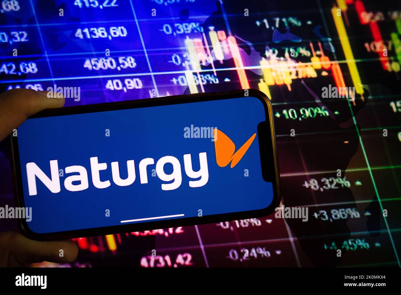 KONSKIE, POLAND - September 10, 2022: Smartphone displaying logo of Naturgy company on stock exchange diagram background Stock Photo