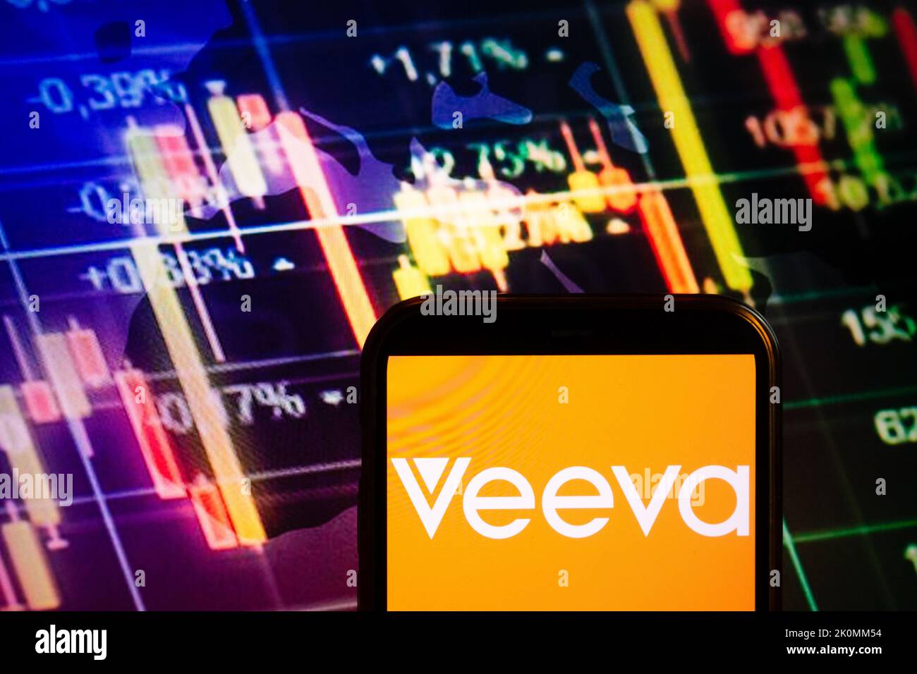 KONSKIE, POLAND - September 10, 2022: Smartphone displaying logo of Veeva Systems company on stock exchange diagram background Stock Photo