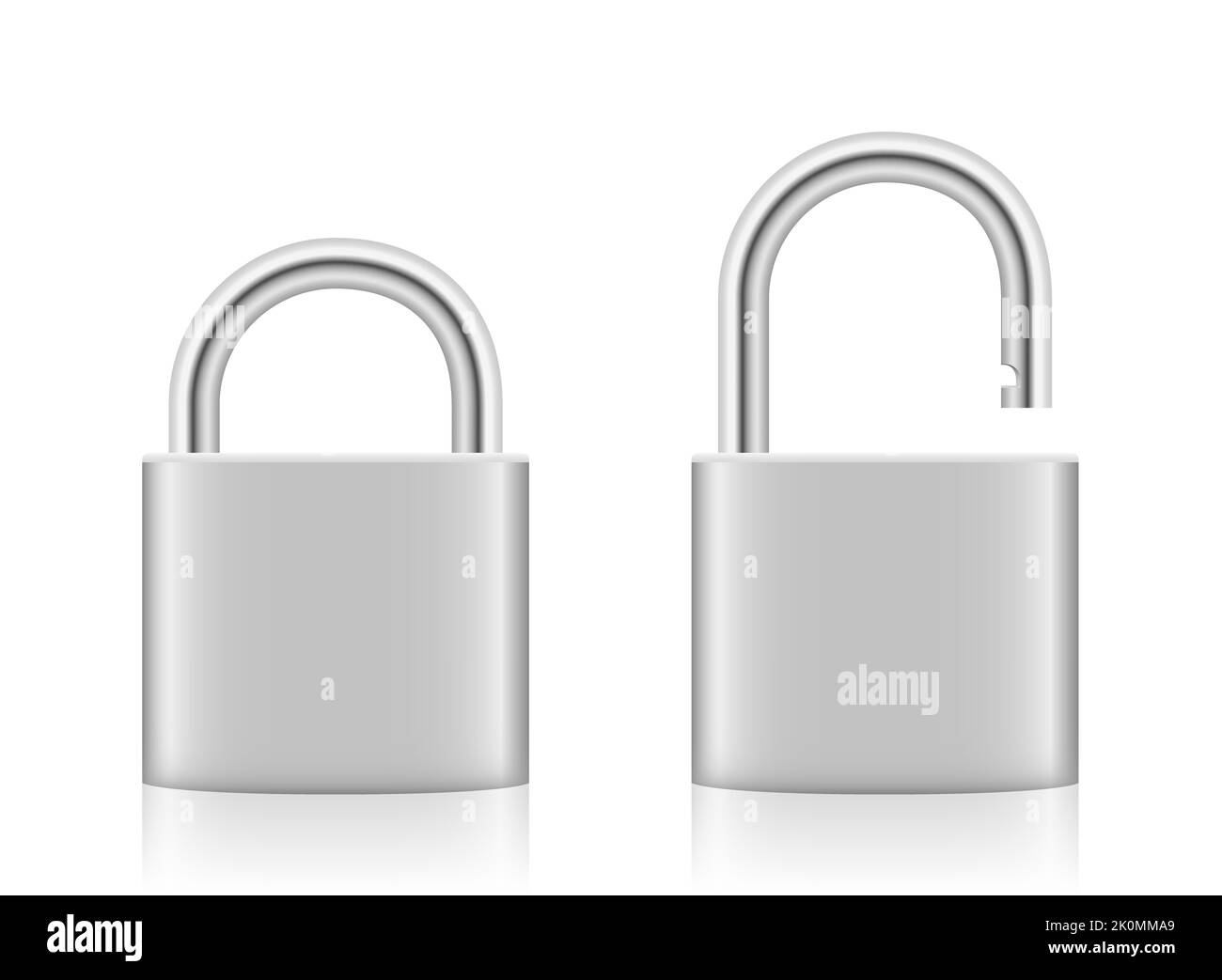 Padlock, locked and unlocked, silver iron steel security device with closed and opened shackle - unlabeled, blank surface. Stock Photo